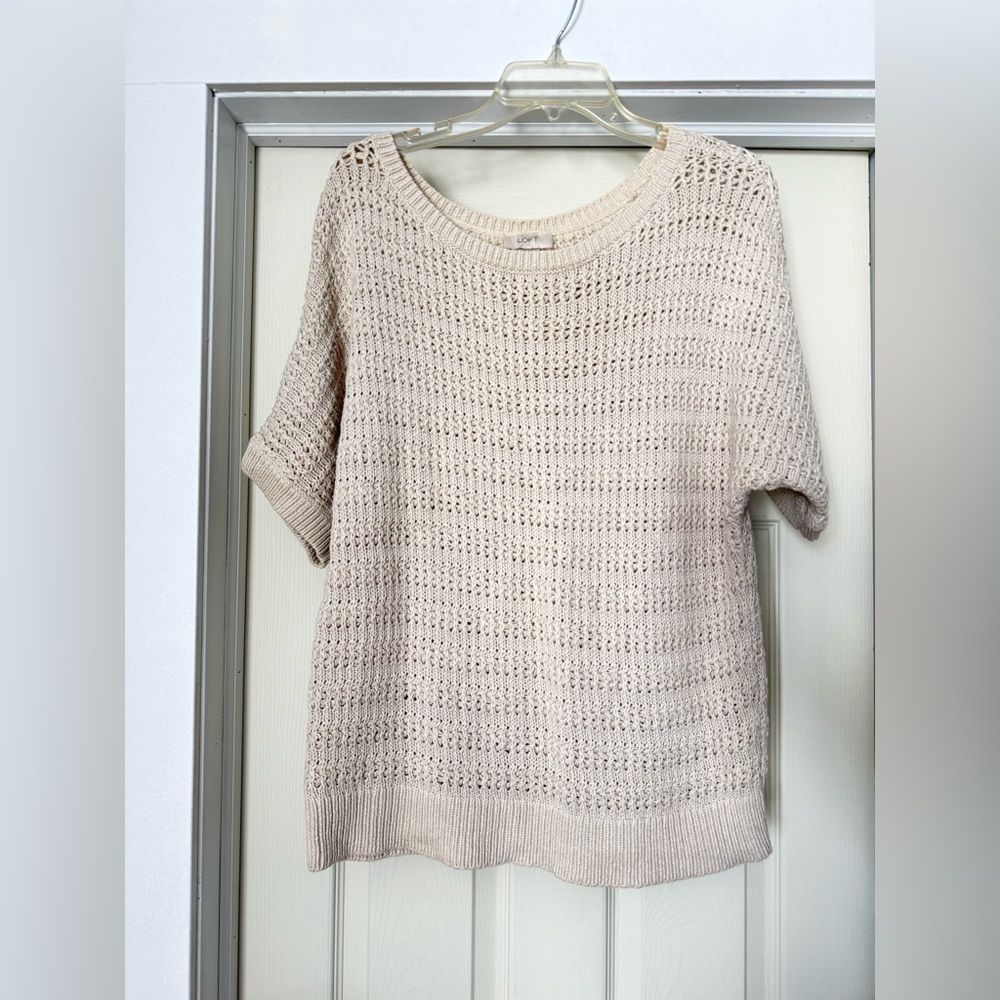LOFT Open-Knit Short Sleeve Sweater in Cream
